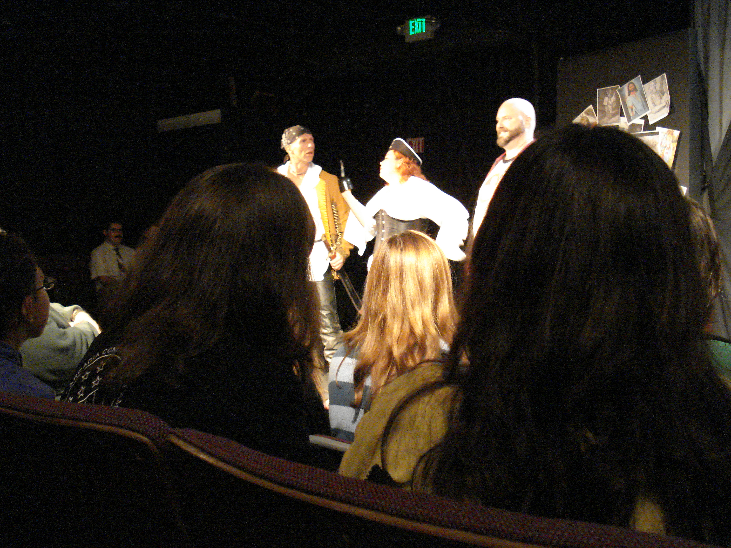 The pirates Seamus and Bonnie, explaining the FSM to a boy, played by Mayor Ragbottom