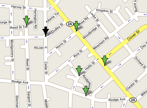 The location of the xkcd mystery event is in black. Various landmarks of family significance are in green.