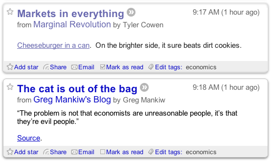 I should say that I don't think economists are evil, and I thought Tyler's comment was quite funny. Nonetheless, I can easily imagine someone less favorably disposed toward the dismal science finding this combination of blog posts to be, err, illustrative.