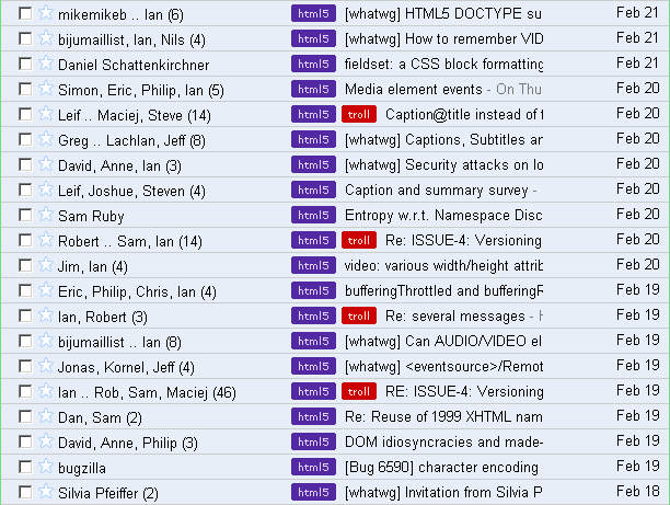 I have several filters that flag email from people I consider to be trolls (see <a href="http://hober.jottit.com/trolls">hober.jottit.com/trolls</a> for the list) with a big, red 'troll' tag. Makes quickly keeping up with high-volume mailing lists (like public-html) much easier.