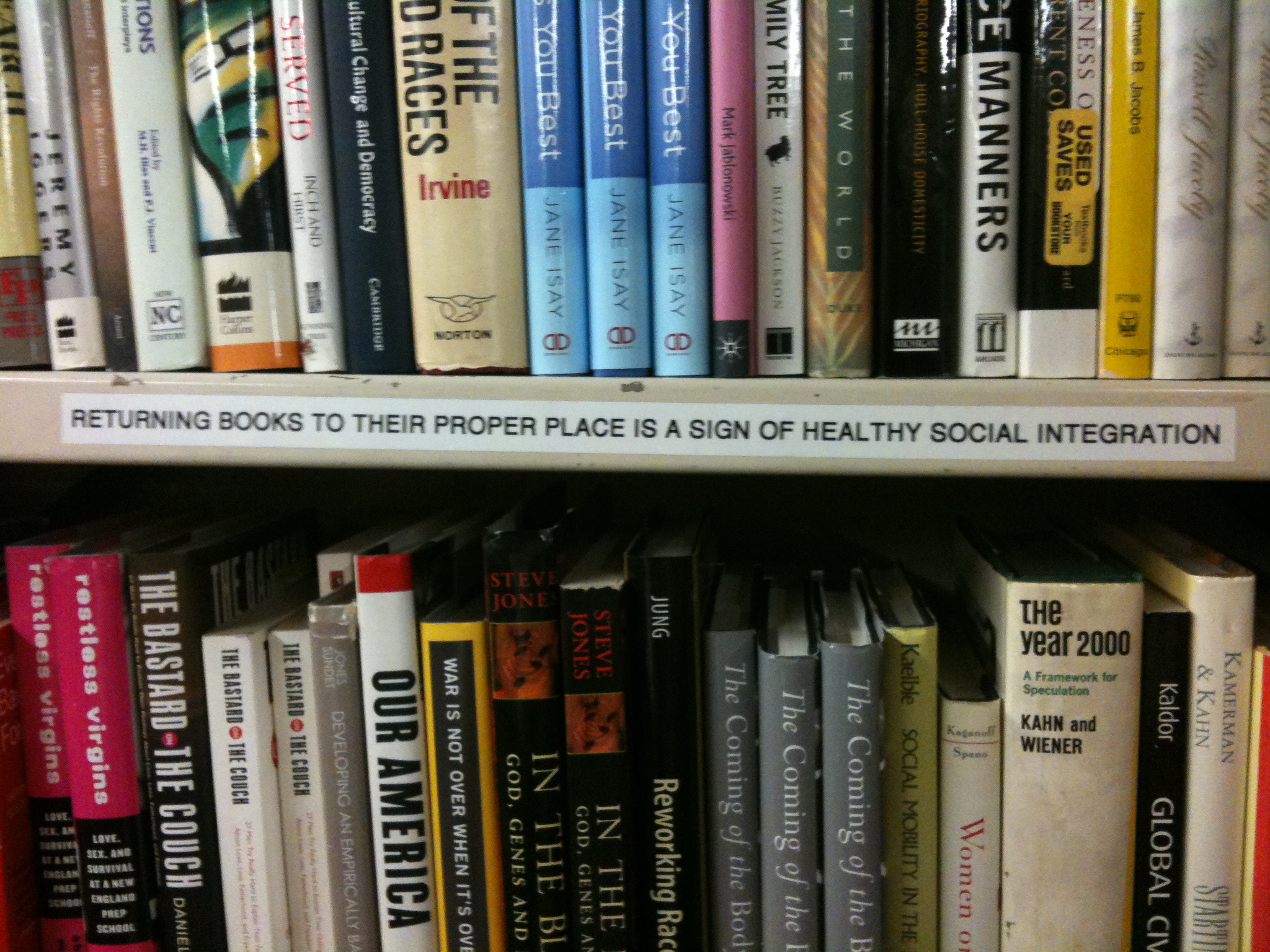 Returning books to their proper place is a sign of healthy social integration.