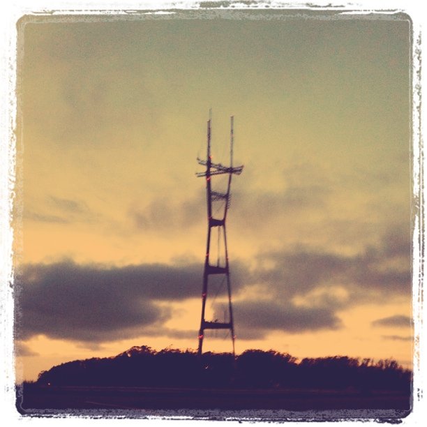 Sutro Tower in San Francisco on a cloudy day.