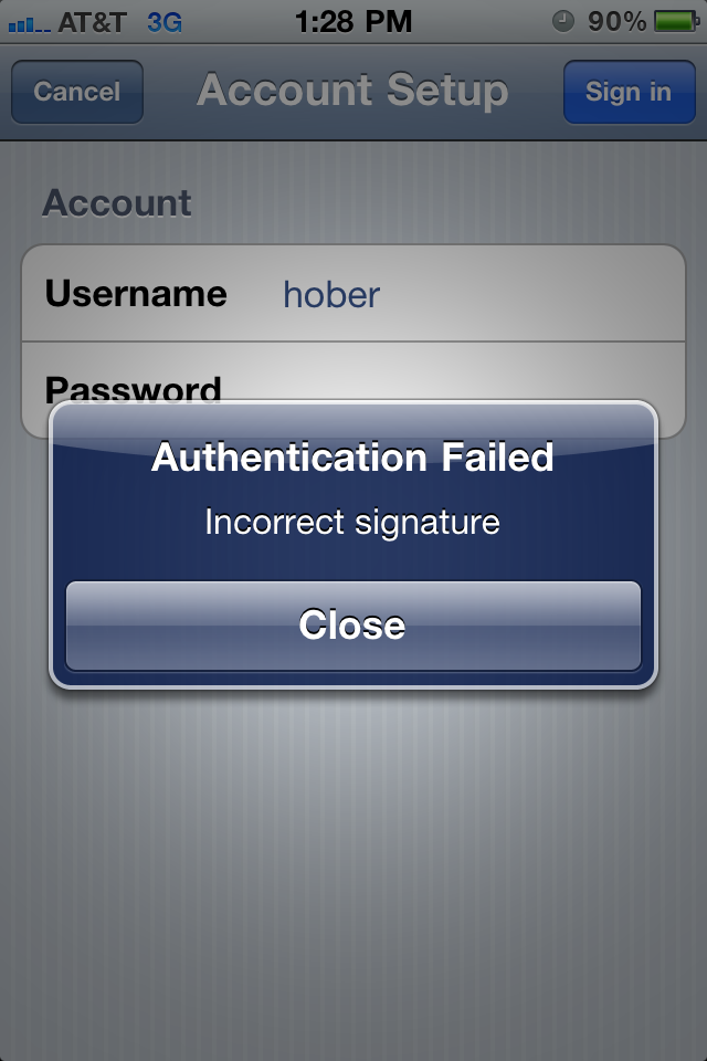 Authentication Failed
Incorrect signature

Ticket: <a href="http://support.twitter.com/tickets/1727690" rel="nofollow">support.twitter.com/tickets/1727690</a>