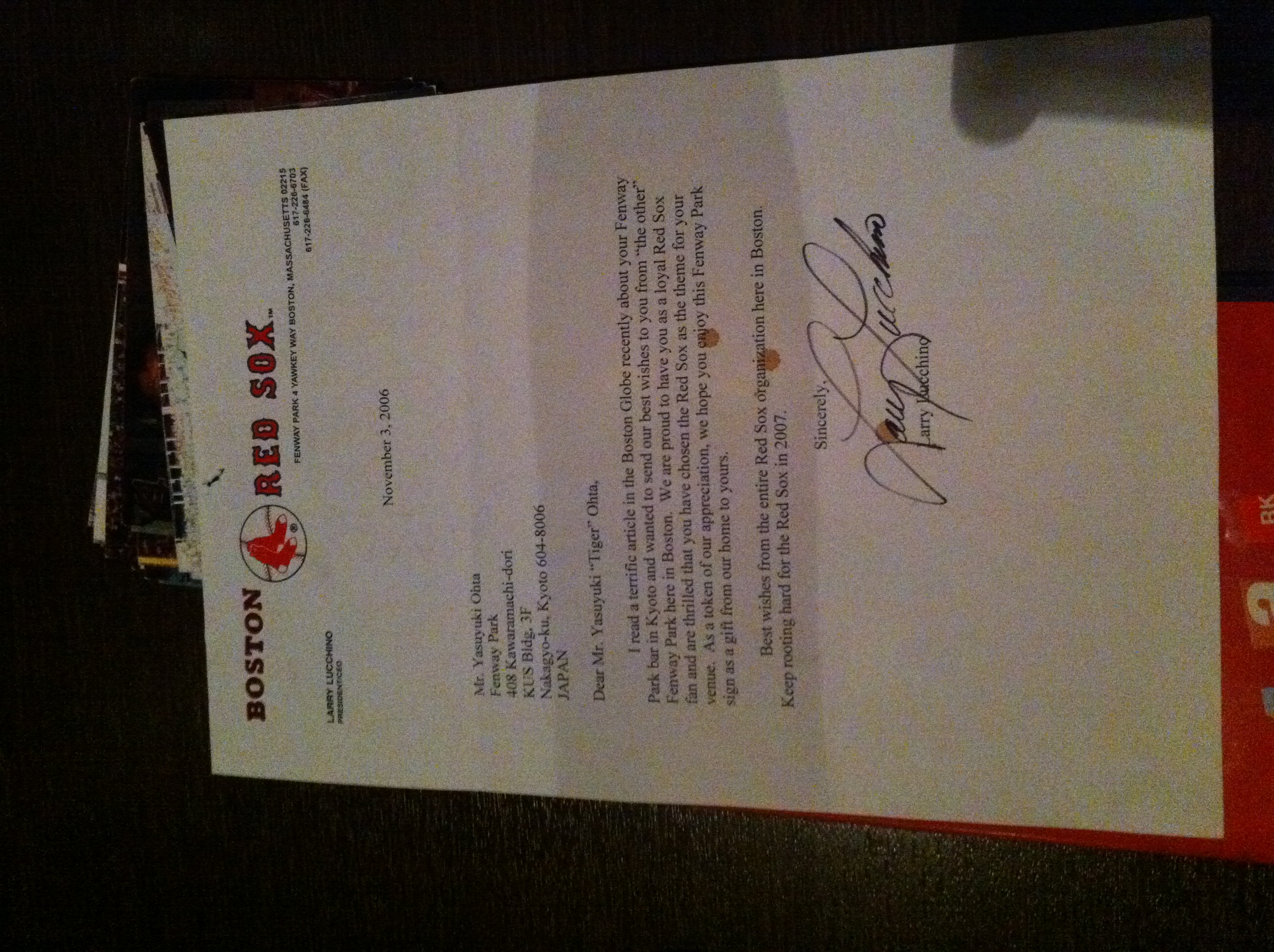 Larry's letter to Kyoto's Fenway Park