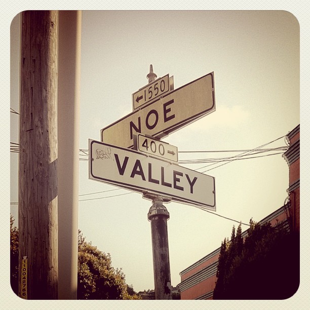 Two white street signs in San Francisco. One says ’Noe’, the other reads ’Valley’.