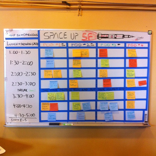 A whiteboard with many post-it notes arrayed in a grid, representing the schedule of SpaceUp, an unconference for people in the aerospace industry and enthusiasts.