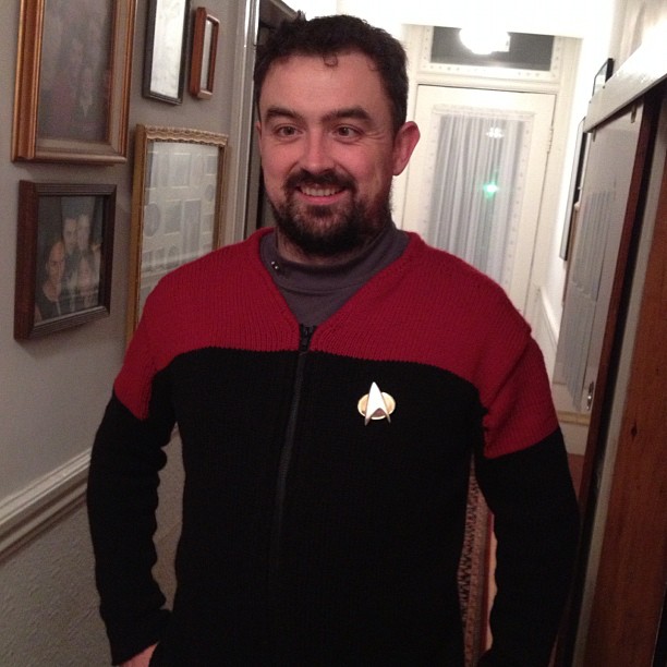 Erin made me an amazing sweater which, when combined with a gray undershirt and some accessories, bears a striking resemblance to a Star Trek uniform.