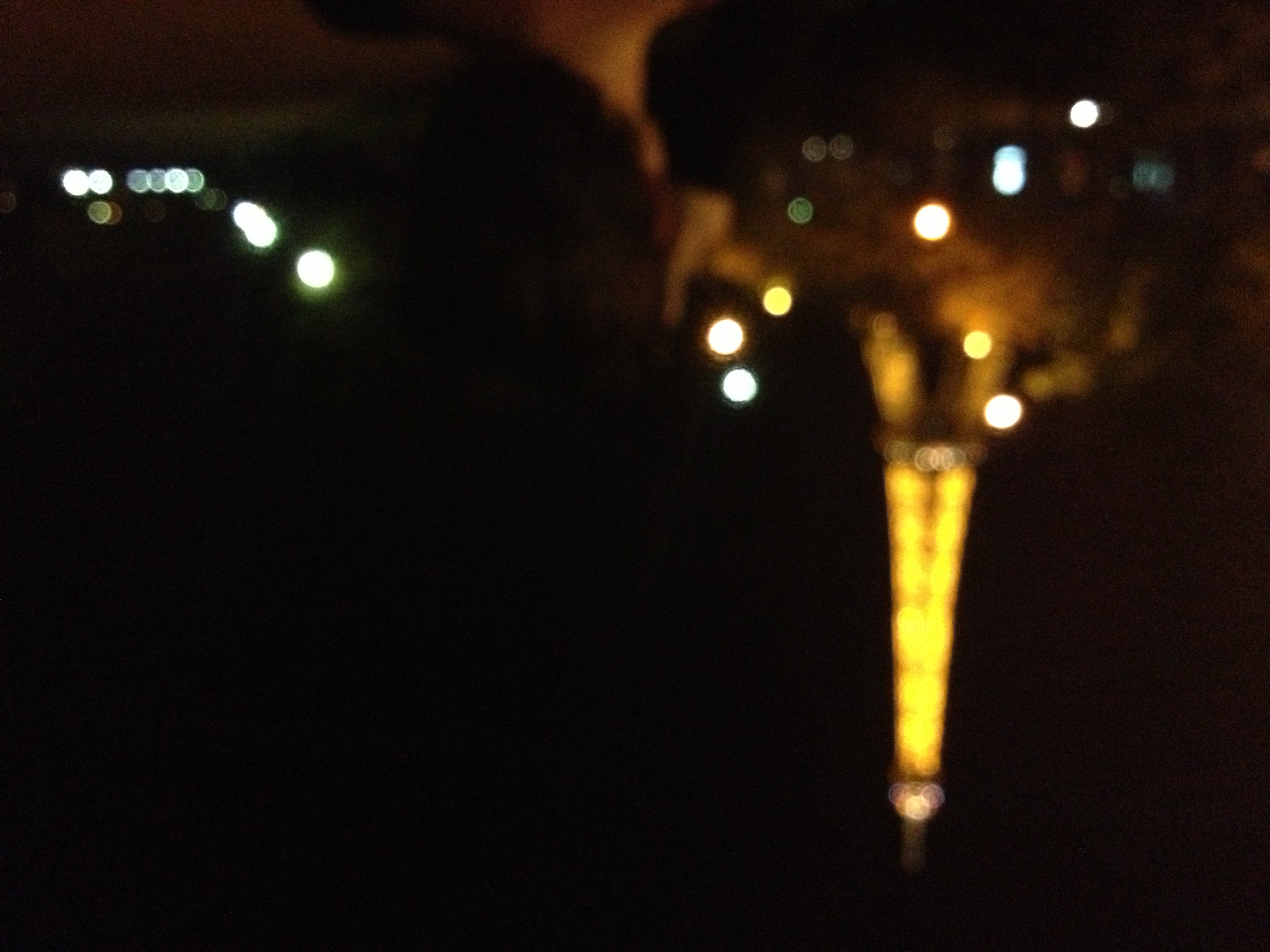 Blurry shot of Erin and the Eiffel Tower at night
