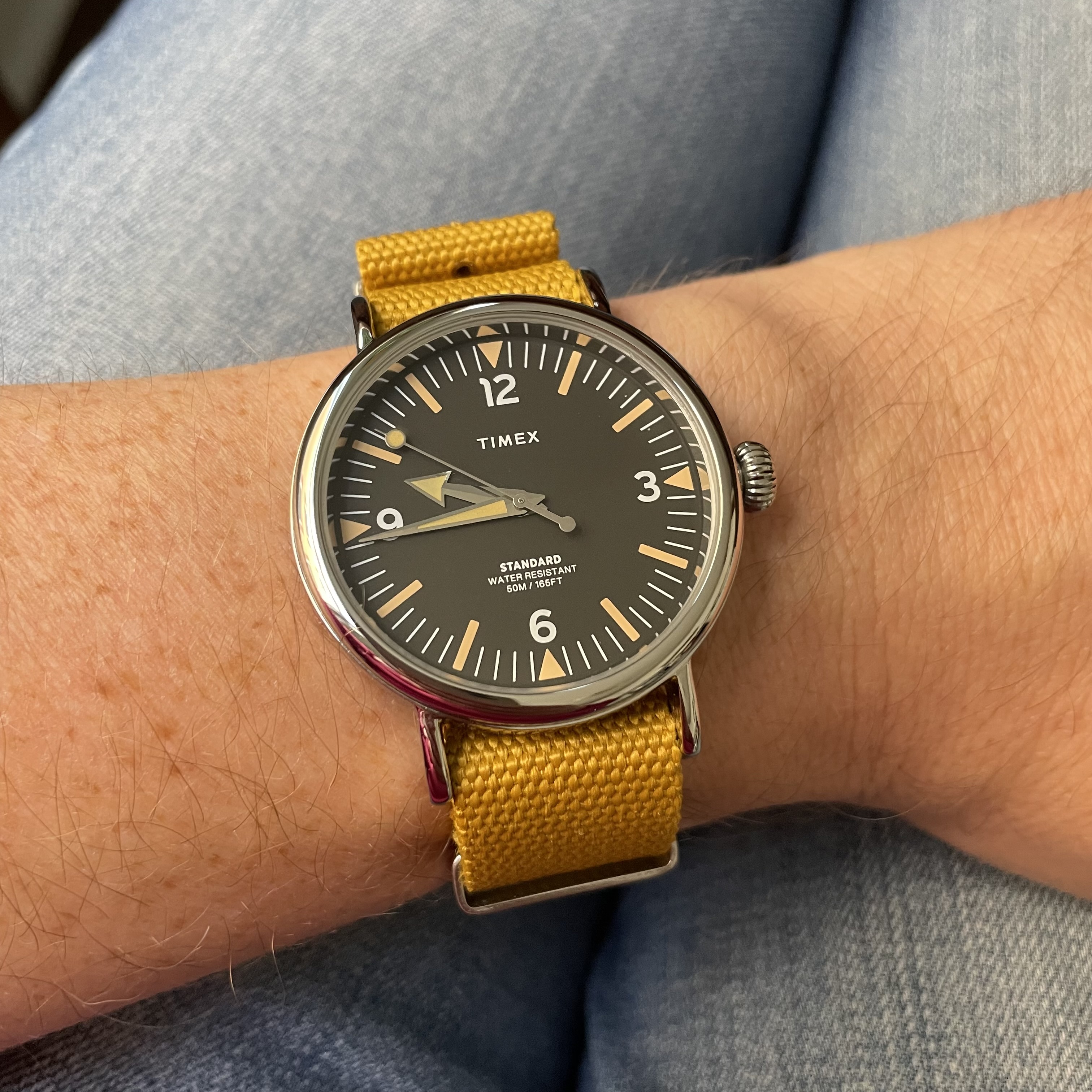 Timex Standard 40mm Fabric Strap Watch on a mustard yellow NATO strap.