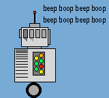 a gray, pixelated, one-wheeled robot appears on a blue-gray background. the robot has four gray eyes, one antenna with a bright red tip, and a number of colored buttons on its chest. the caption reads "beep boop beep boop beep boop beep boop."