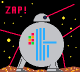 on a brown asteroid in space stands a gray robot with a large, circular torso, two or three legs, and a semicircular head. there are red laser beams coming out of it in a number of places. the caption reads "ZAP!"