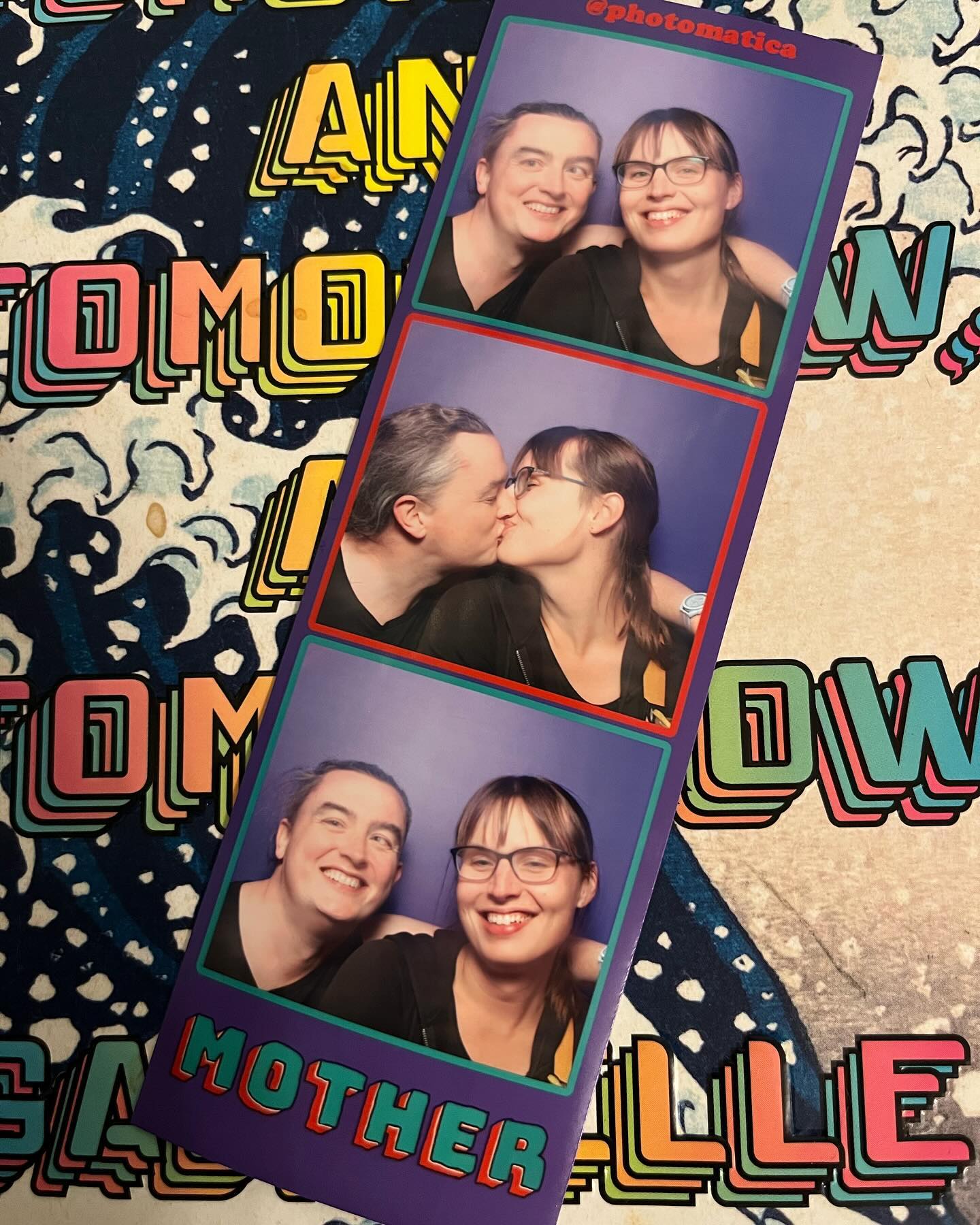There’s a single strip with three photos from a photo booth.
The strip is labeled ’MOTHER’, the name of a lesbian bar in San Francisco.
In the first and third photo, Eryn and I smile at the camera.
In the second, we kiss.