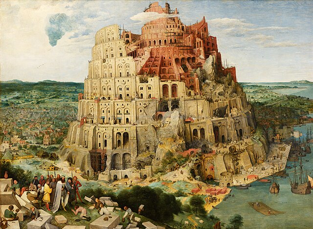 A painting titled ’The Tower of Babel’, by Pieter Bruegel the Elder, painted in 1563. The center of the painting is dominated by a large tower with at least eight levels. In the foreground on the left is a group of people, perhaps lead by Nimrod, while on the right is a harbor with medieval ships in it. Behind the tower lies a city and, beyond that, rolling hills and grassland.