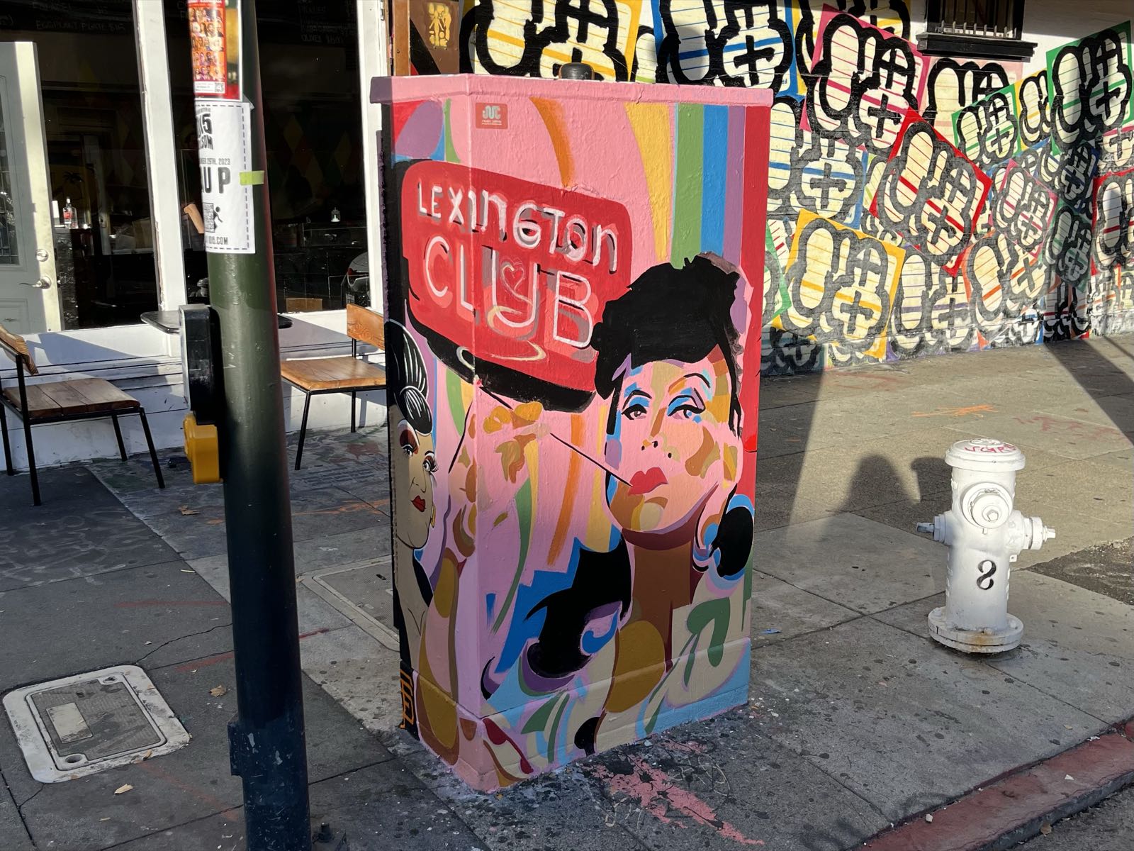 A transformer on a sidewalk in San Francisco’s Mission District.
It’s been painted with a styleized depiction of a woman standing in front of the Lexington Club, an iconic lesbian bar that unfortunately closed several years ago.