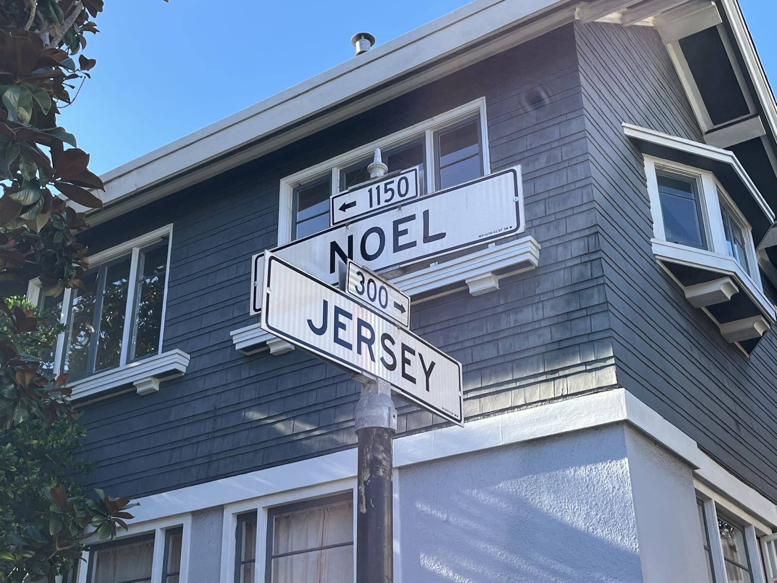 Before a gray house stand a tree and two white street signs marking an intersection.
The top sign reads ’Noe’, but has been defaced to read ’Noel’.
The bottom sign reads ’Jersey.’