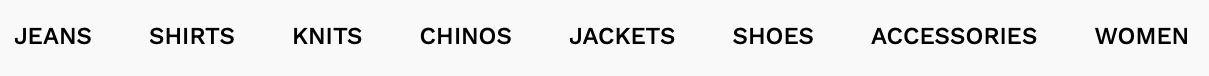 A screenshot of a menu from a website. The options are Jeans, Shirts, Knits, Chinos, Jackets, Shoes, Accessories, and Women.
