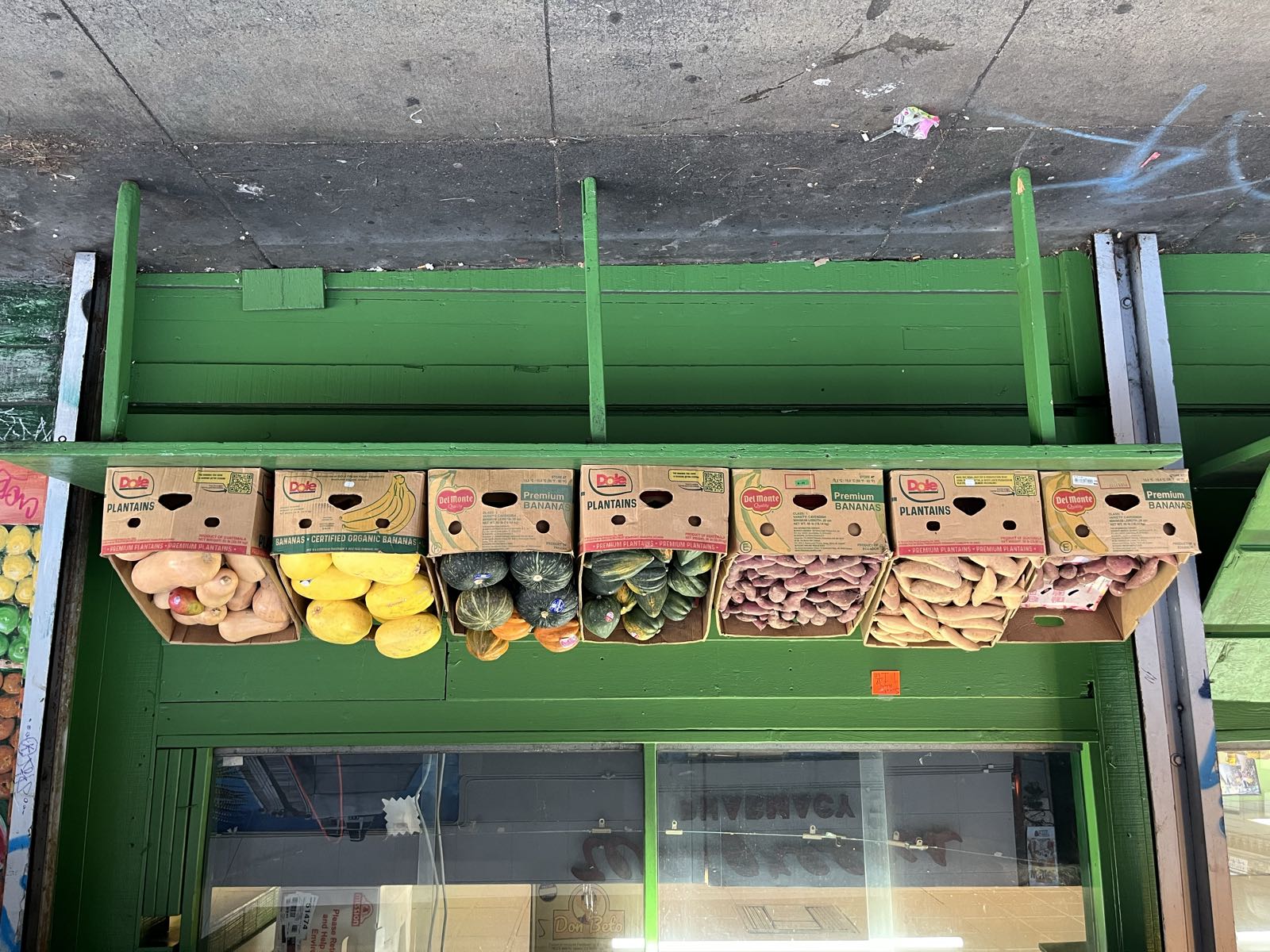 Cardboard boxes containing produce outside of a market in the Mission District of San Francisco.
The boxes have holes in them that make them easier to carry, but the holes inadvertently make the boxes look like cartoon-y faces that are frowning in a somewhat surprised manner, just like the 😦 emoji.