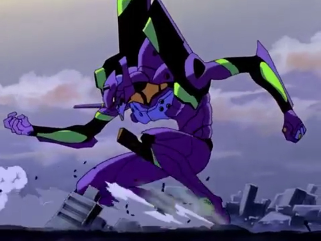 Eva Unit-01 lands after a jump.