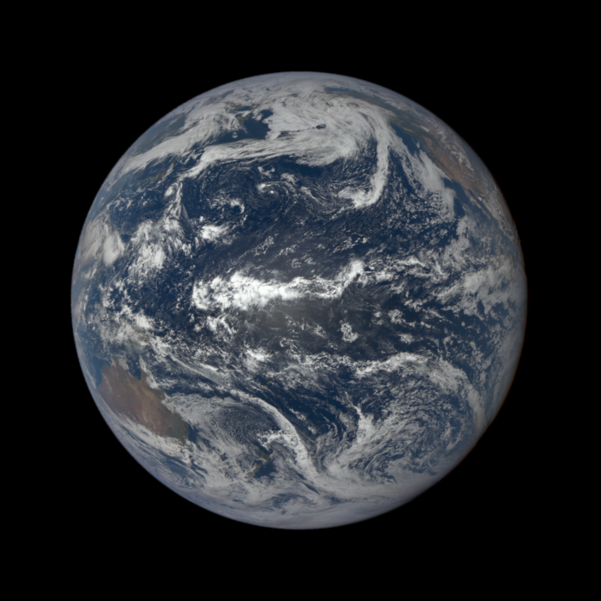 The Earth from space.
The Pacific ocean is front and center.
Australia is visible in the bottom left, and North America is in the top right.