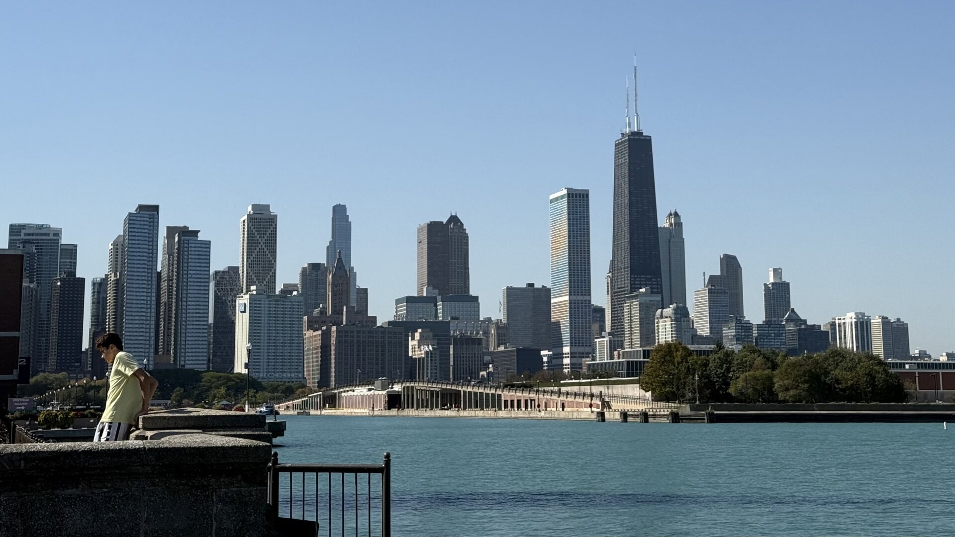 The Chicago skyline from Navy Pier on a clear, sunny day.