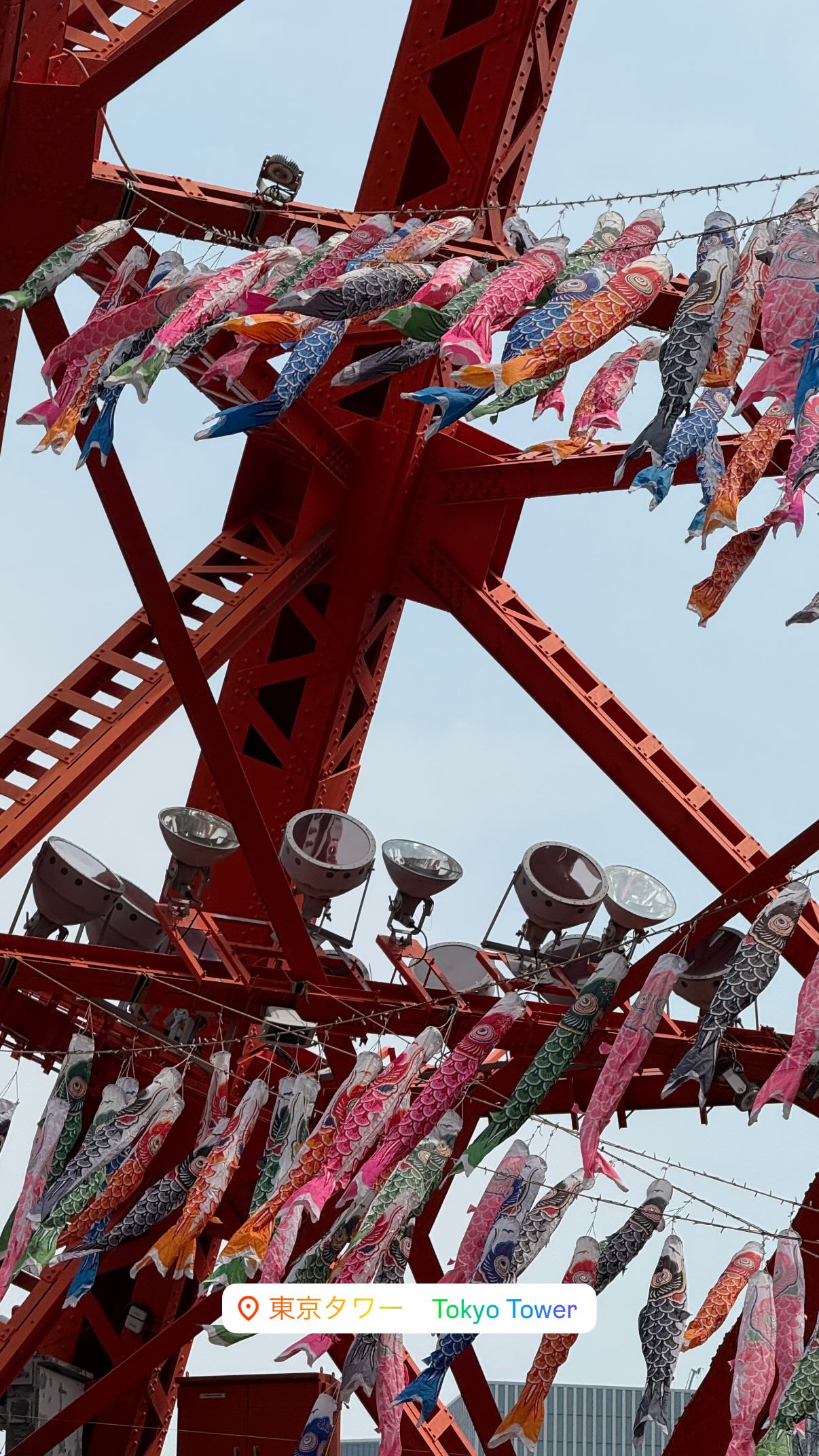 Japanese streamers shaped like fish hang from girders painted International Orange.
