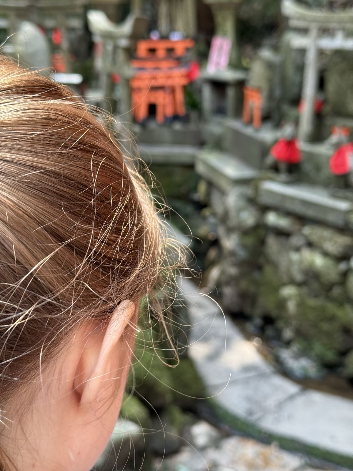 The back of a child’s head and one of their ears is visible in the foreground. In the blurred background, some vermilion torii are visible, as are some stone kitsune wearing red cloth bibs.