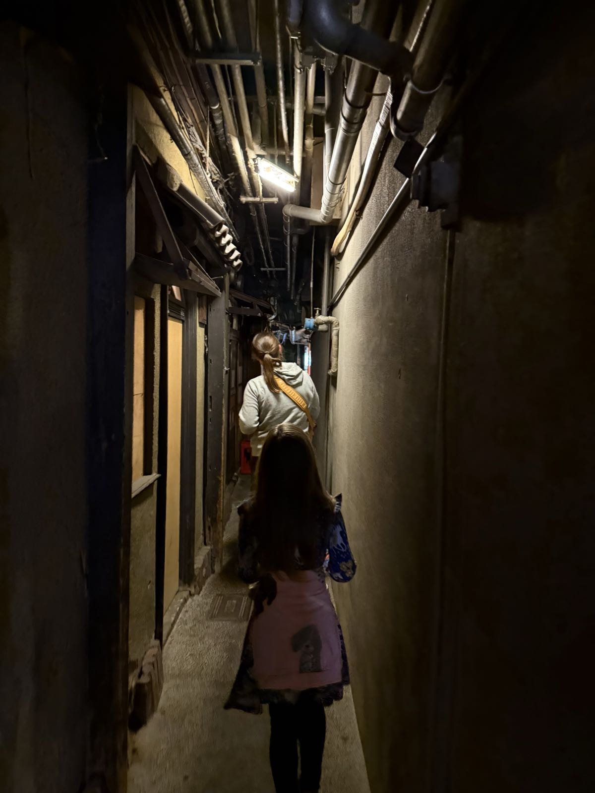 A woman and a child walk single-file down an incredibly small alley between buildings.