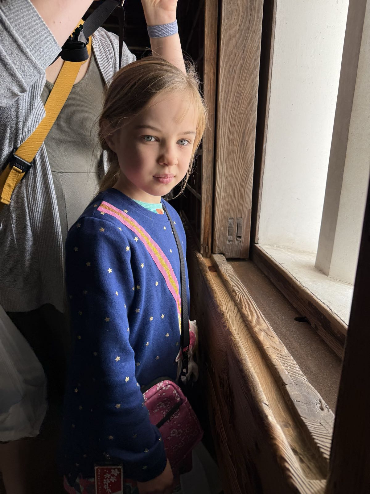 A child looks at the camera with a pensive espression. She’s standing next to an adult who is only partly visible. The two of them are in a dark wood room, and they’re standing next to a bright window.
