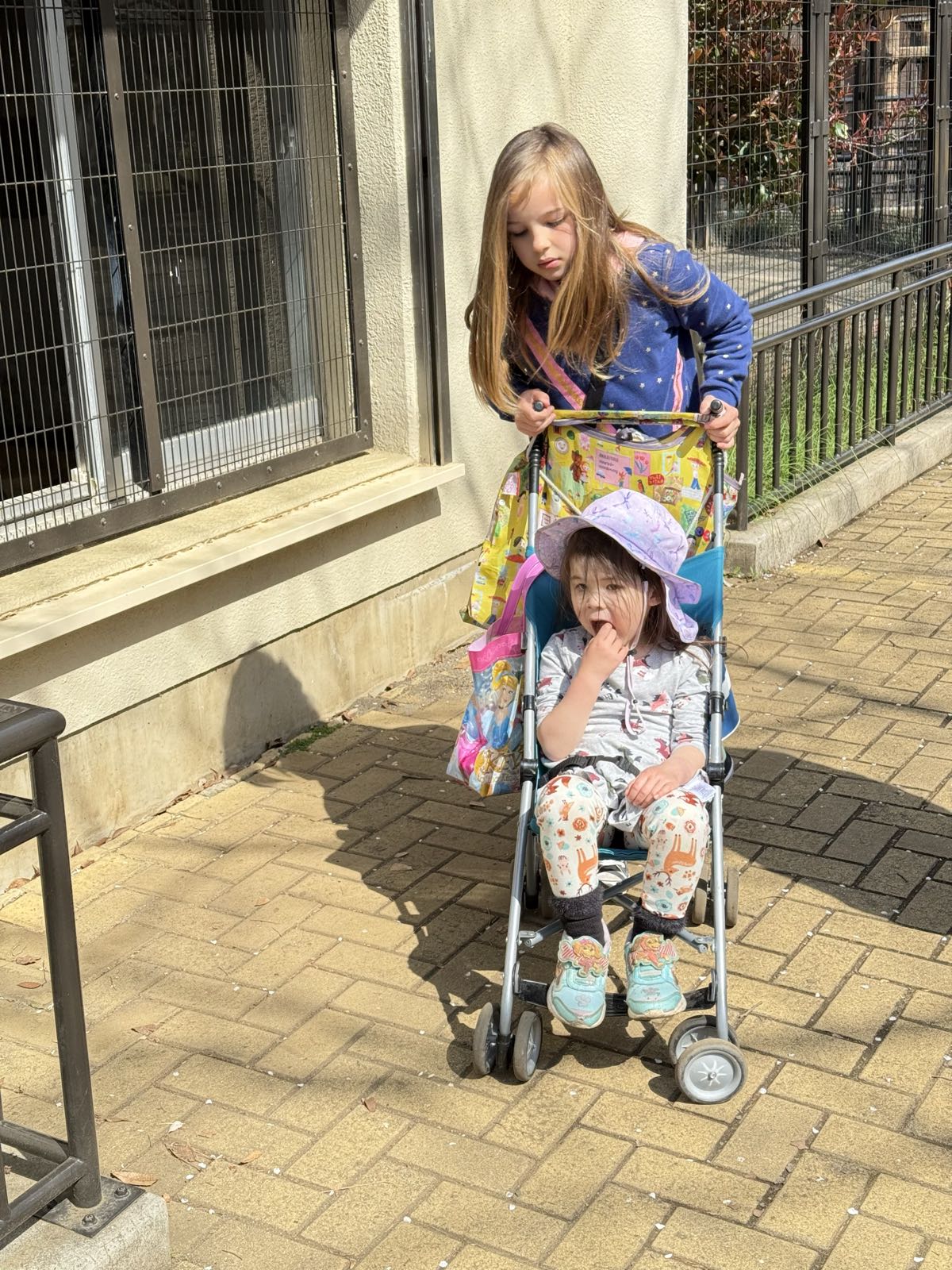 One child pushes a stroller on which another child sits.