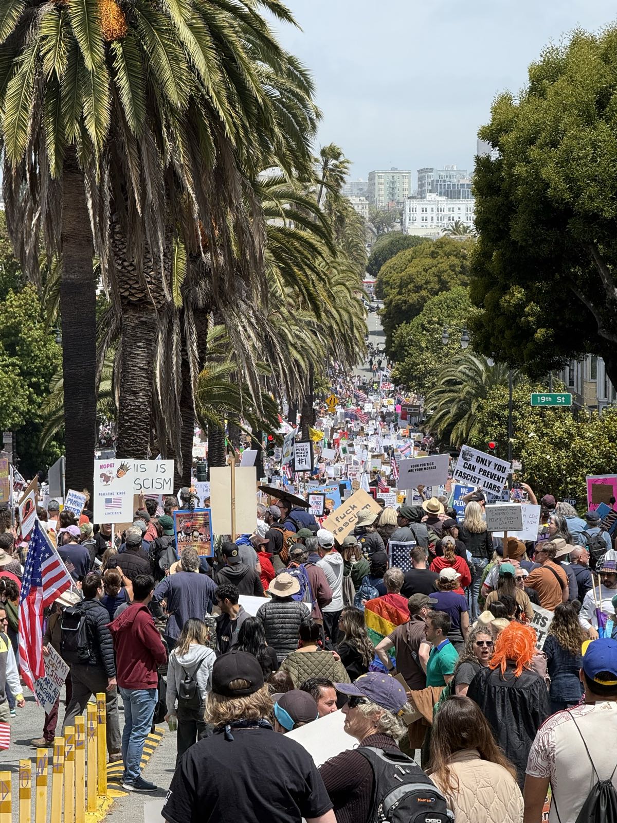 An incredibly large crowd of protesters stretches into the distance. Many signs are visible. Some of the signs: “Immigrants Protest Better”; “Rejecting Kings Since 1776”; “This Is Fascism”; “Trump Is Public Health Enemy #1”; “Fuck Fascism”; “Only You Can Prevent Fascist Liars”.