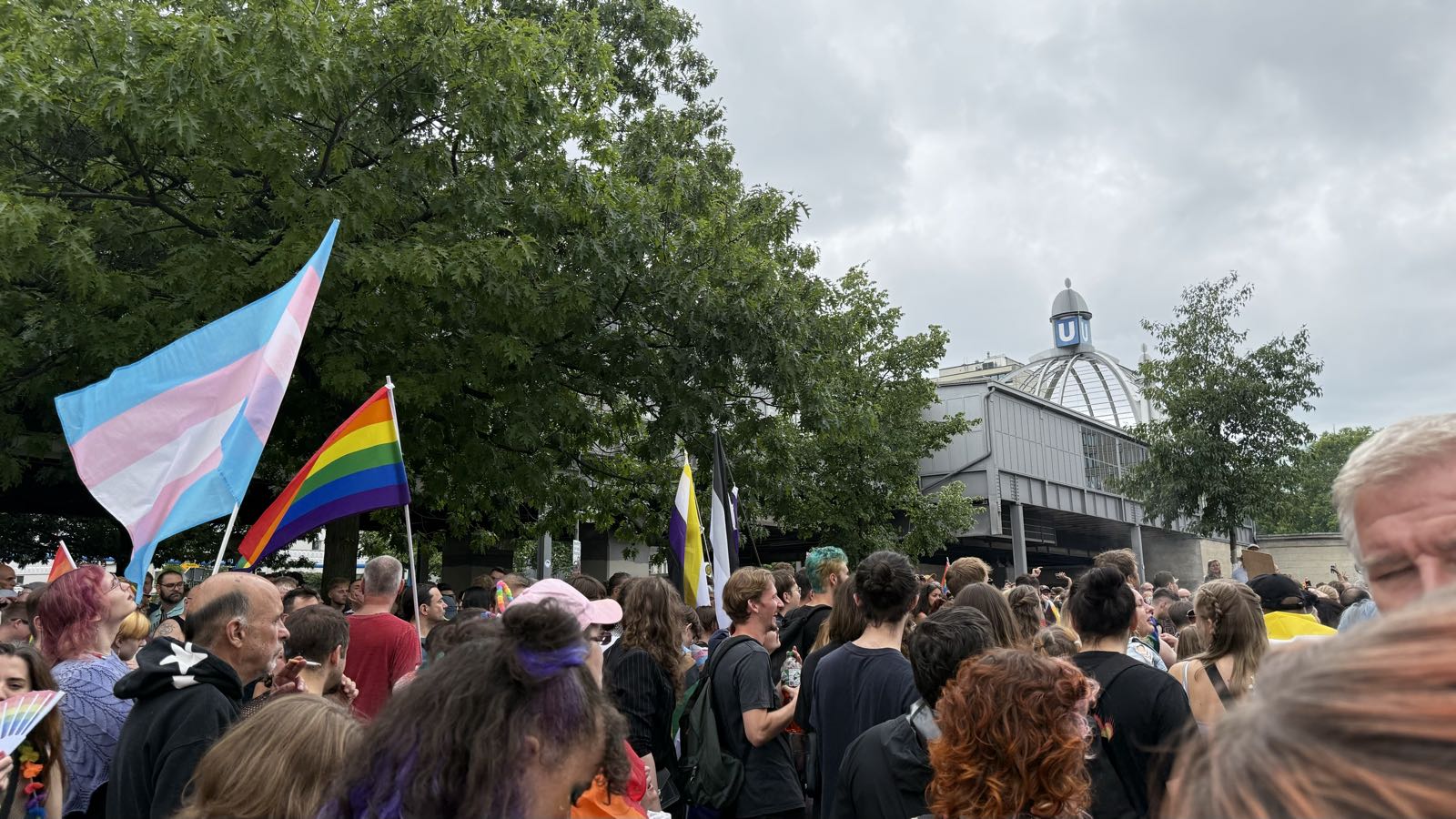 A large mass of people crowd a street. Several are carrying various kinds of Pride flags. Behind them and some trees, an elevated rail station is visible.
