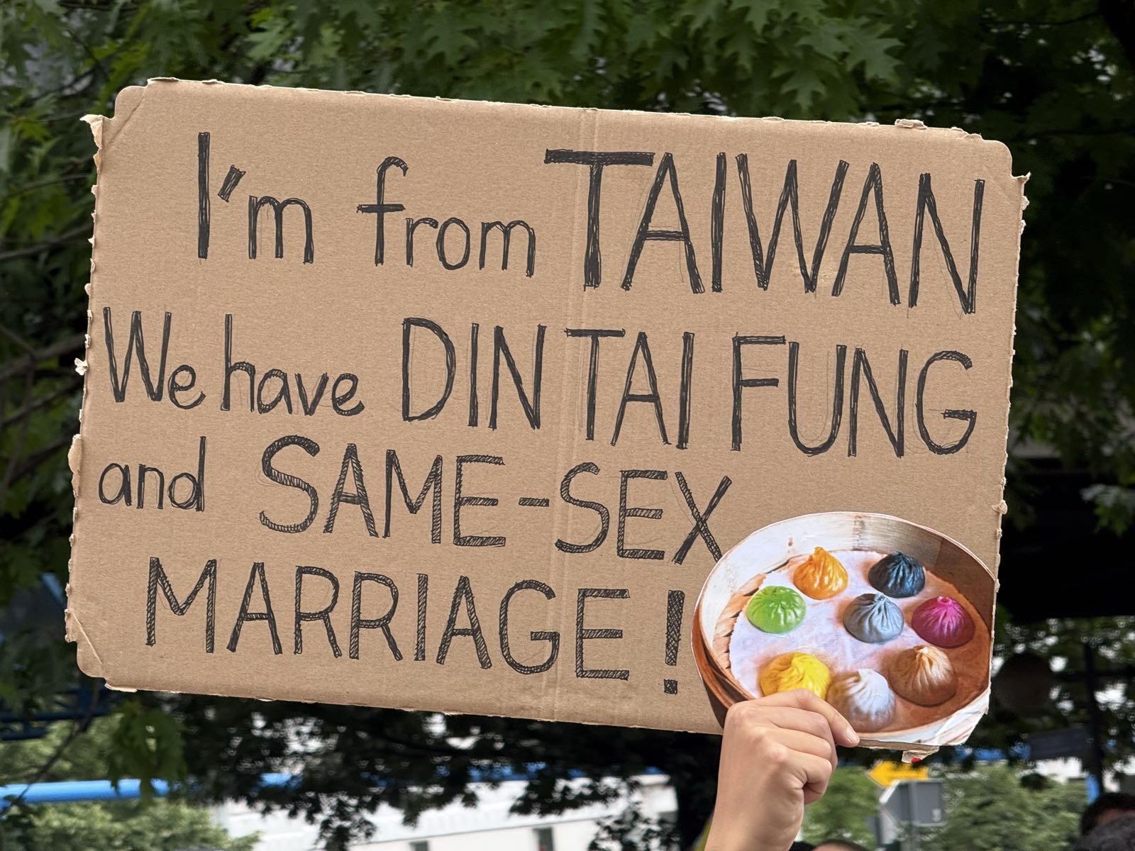 A cardboard sign is held aloft. It reads “I’m from TAIWAN. We have DIN TAI FUNG and SAME-SEX MARRIAGE!”