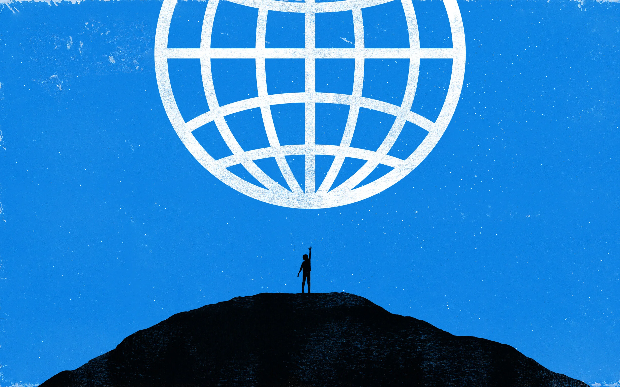 Atop a black mountain, the silhouette of a person reaches skyward, toward the 🌐 symbol.