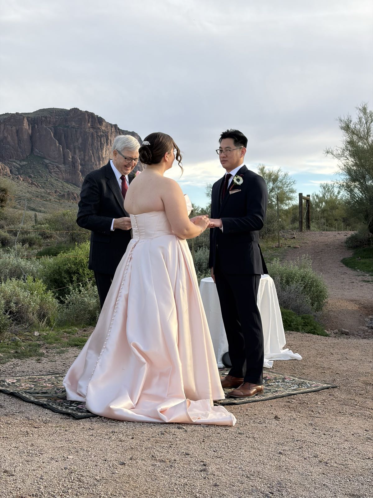 A bride and groom stand in a desert, before a smiling minister. The bride is placing a ring on the groom’s left hand.