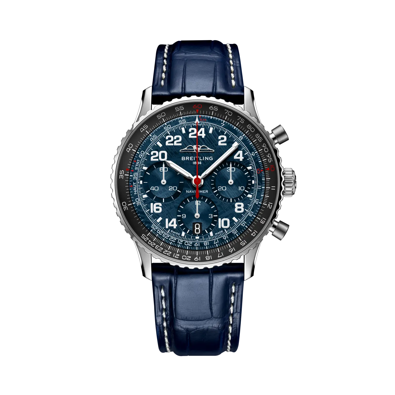 A watch with a blue dial is on a blue leather strap. The dial and bezel are very busy, with many numbers and other markings.