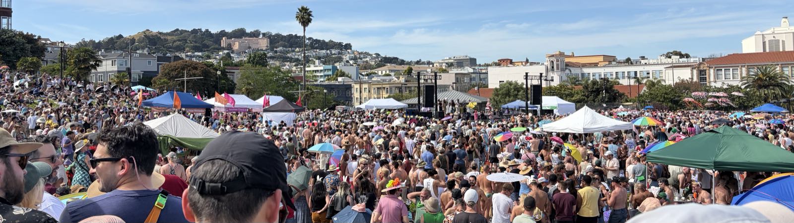 A city park is absolutely packed with people.
