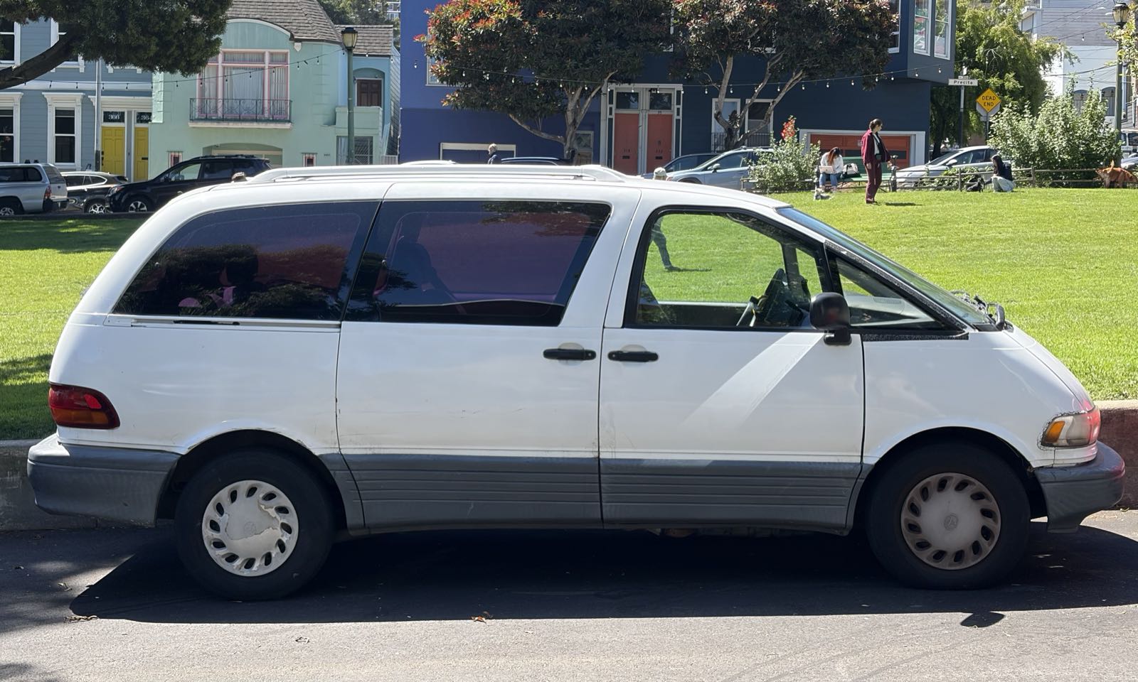 A white minivan is parked in front of a park.