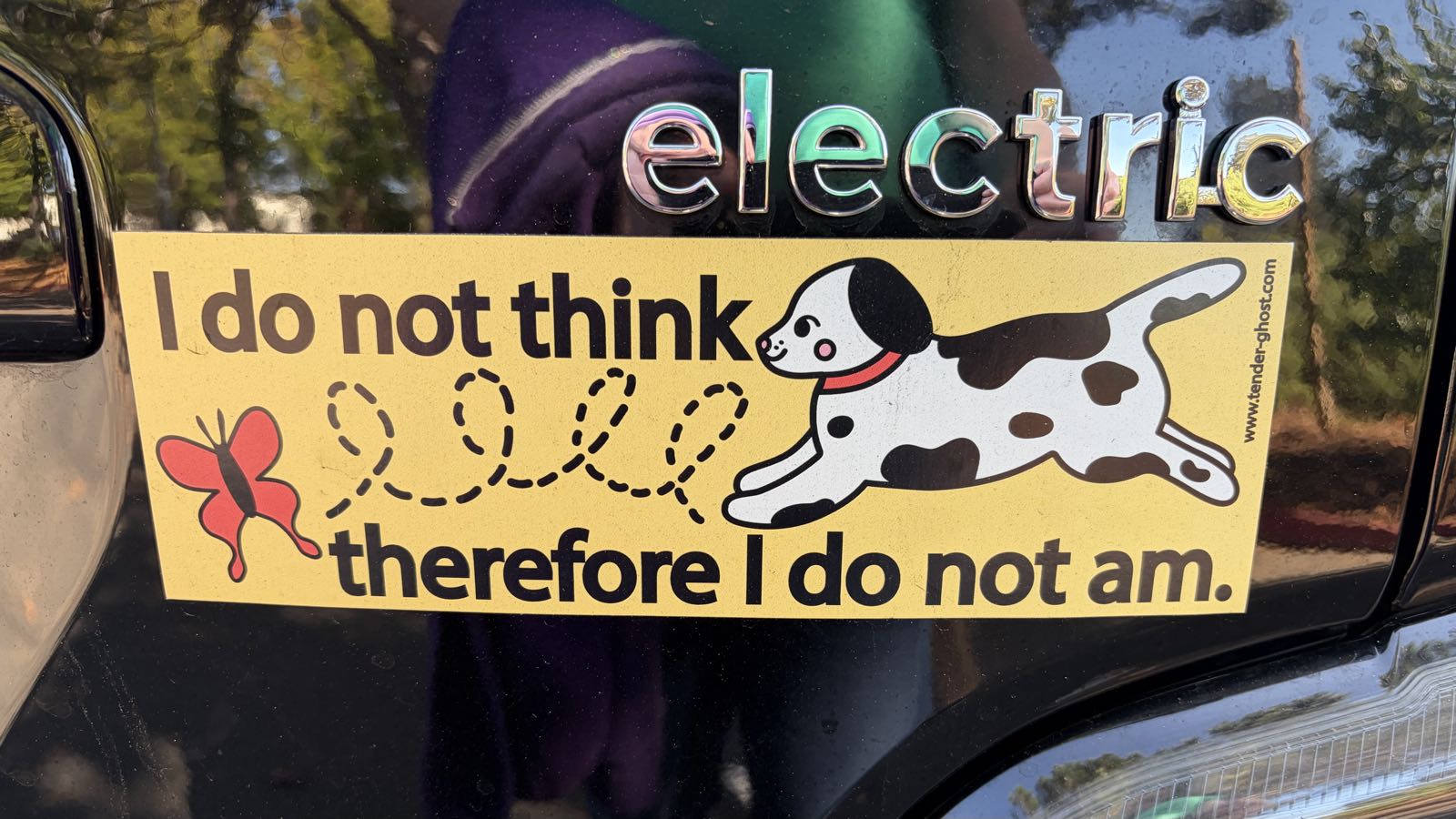 A yellow bumper sticker is on a black car. It depicts a dog chasing a butterfly, with the caption “I do not think, therefore I do not am.”